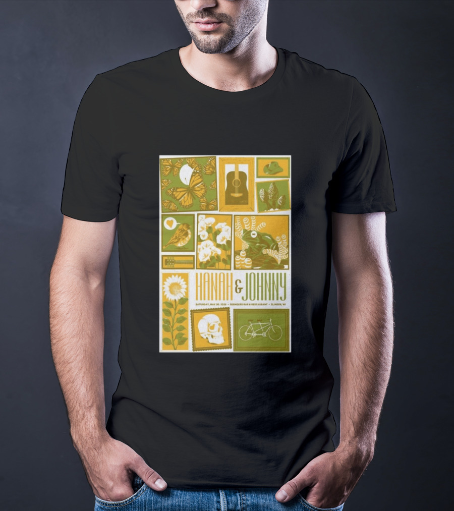 Hanah & Johnny May 30 2026 Ringer's Bar & Restaurant Slinger WI Butterfly Guitar Skull Bicycle Floral T-Shirt