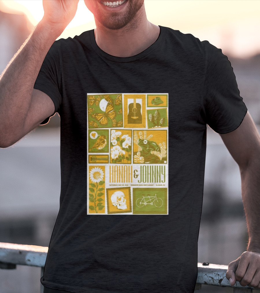 Hanah & Johnny May 30 2026 Ringer's Bar & Restaurant Slinger WI Butterfly Guitar Skull Bicycle Floral T-Shirt