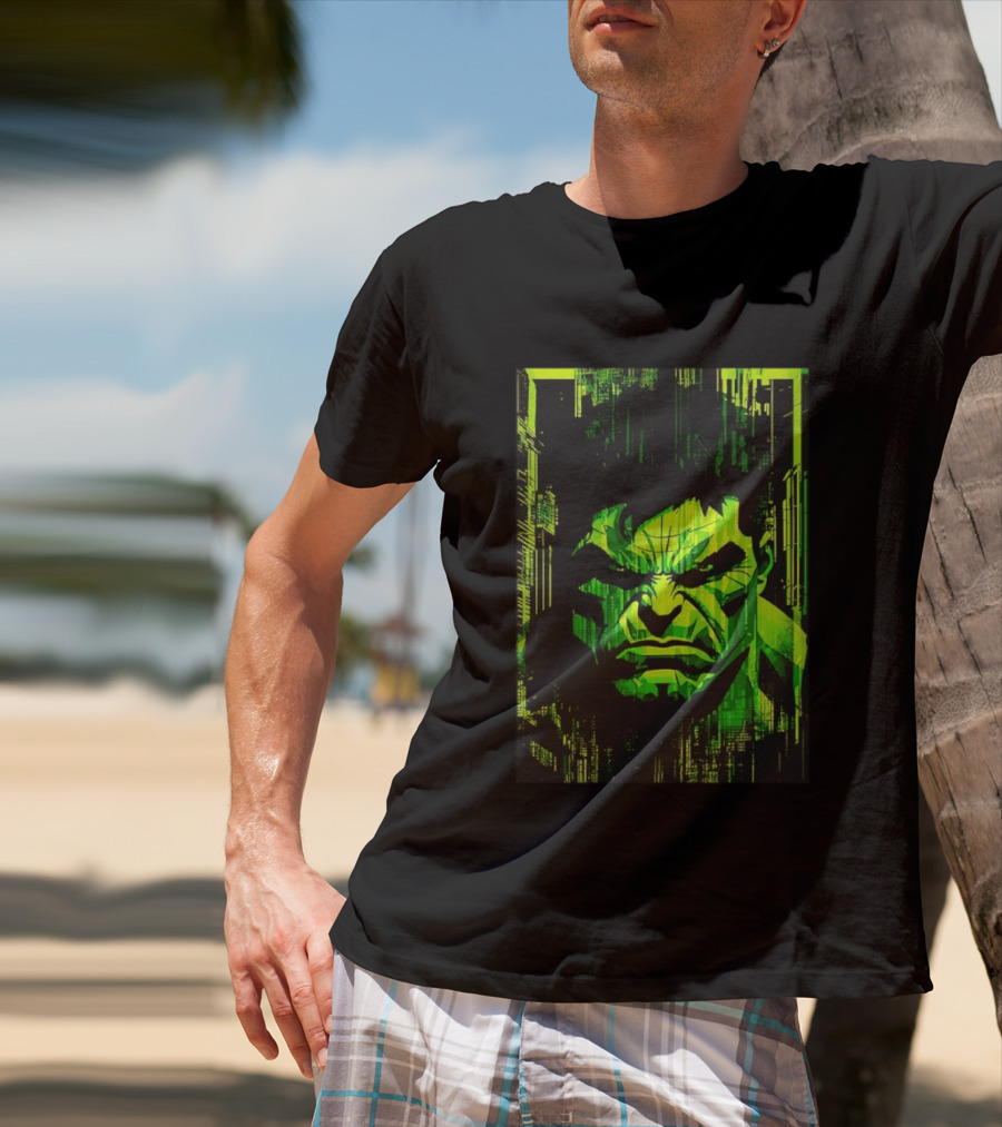 Hulk Glitch Digital Green Abstract Face T-Shirt