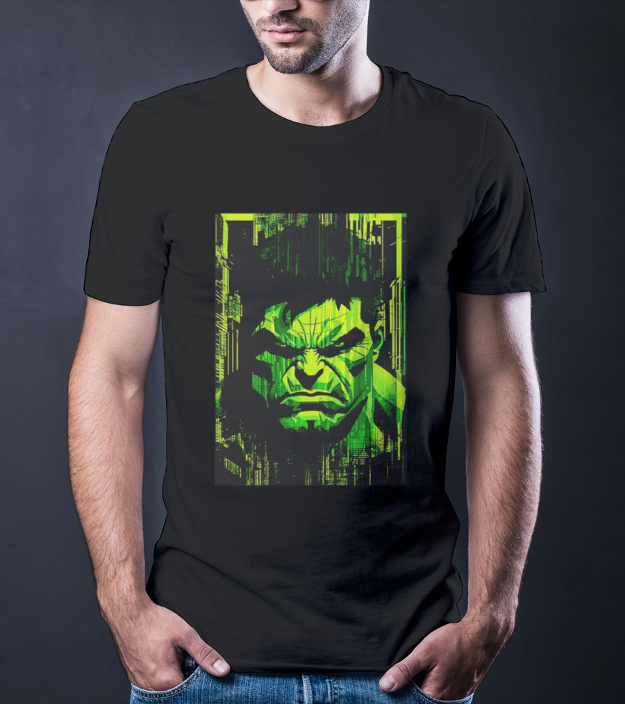 Hulk Glitch Digital Green Abstract Face T-Shirt