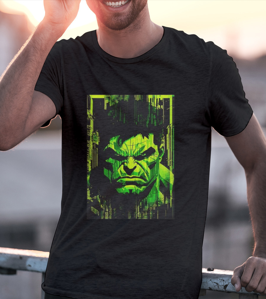 Hulk Glitch Digital Green Abstract Face T-Shirt