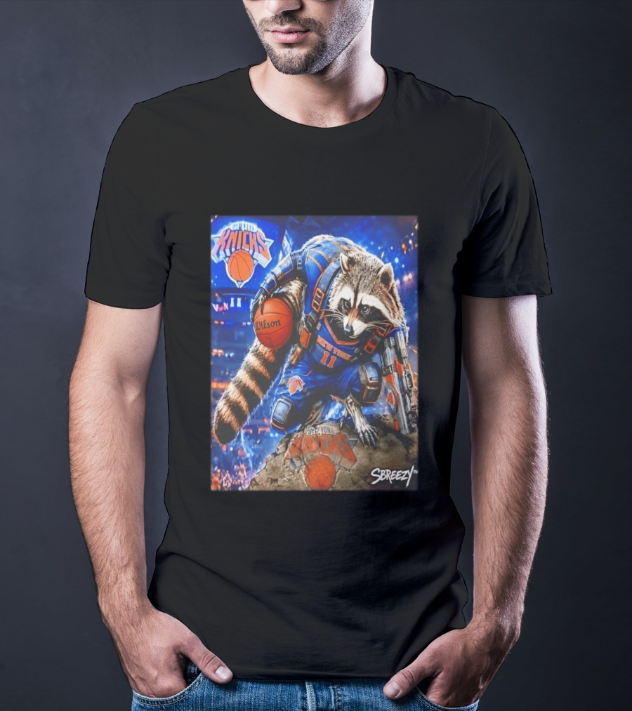 Rocket Raccoon New York Knicks Marvel Guardians NBA Crossover Wilson Ball T-Shirt