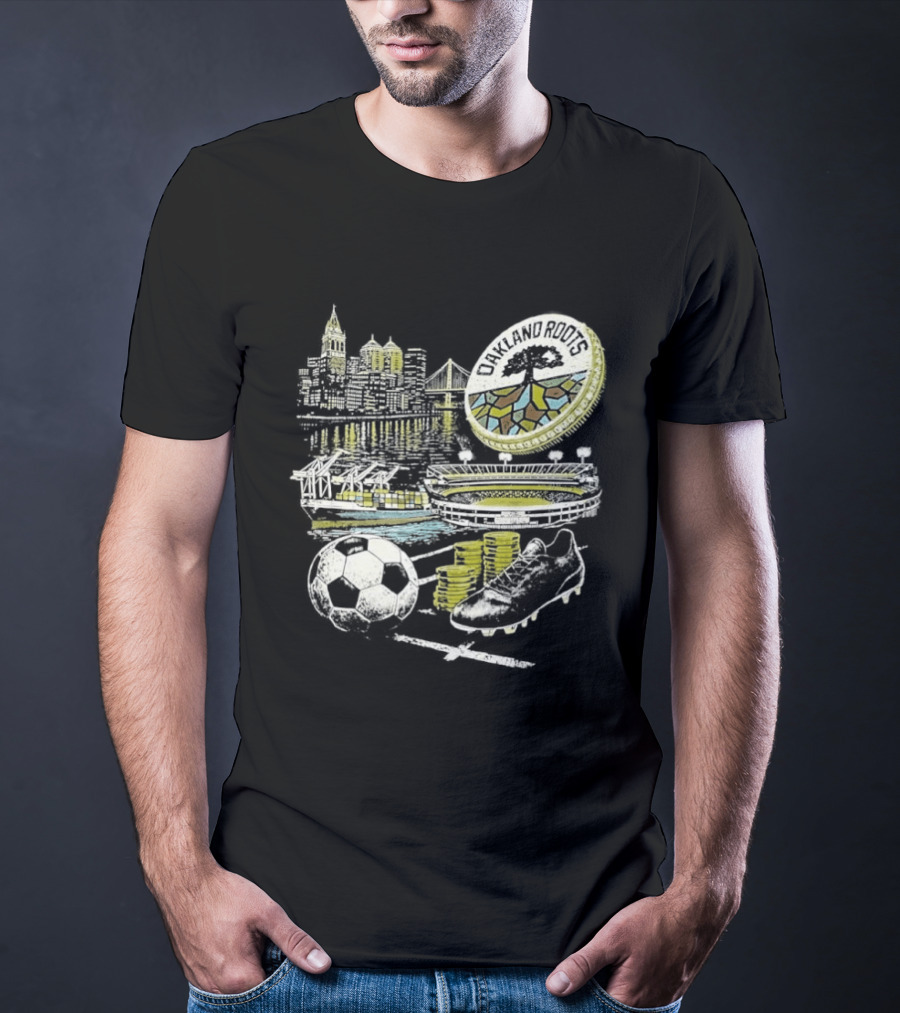 Oakland Roots Skyline Soccer Ball Stadium Ship And Coins T-Shirt