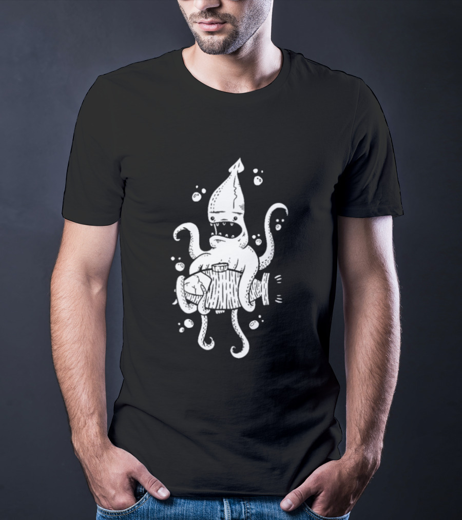 Squid Monster With Barrel Sea Creature Ocean Adventure T-Shirt