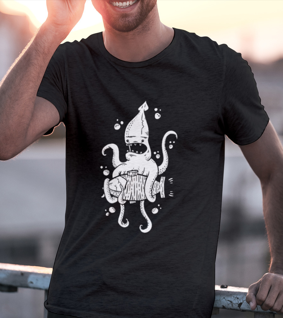 Squid Monster With Barrel Sea Creature Ocean Adventure T-Shirt