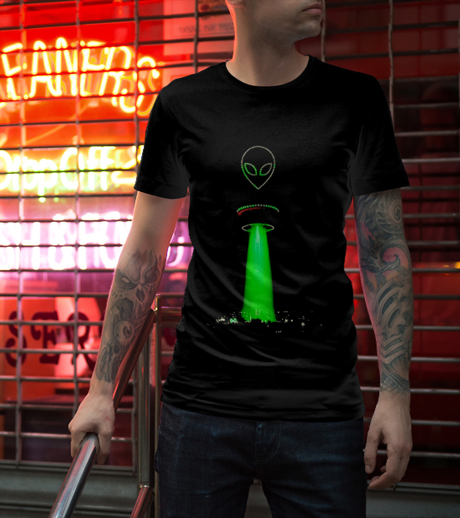 Alien Beam Over City Night Skyline Glow T-Shirt