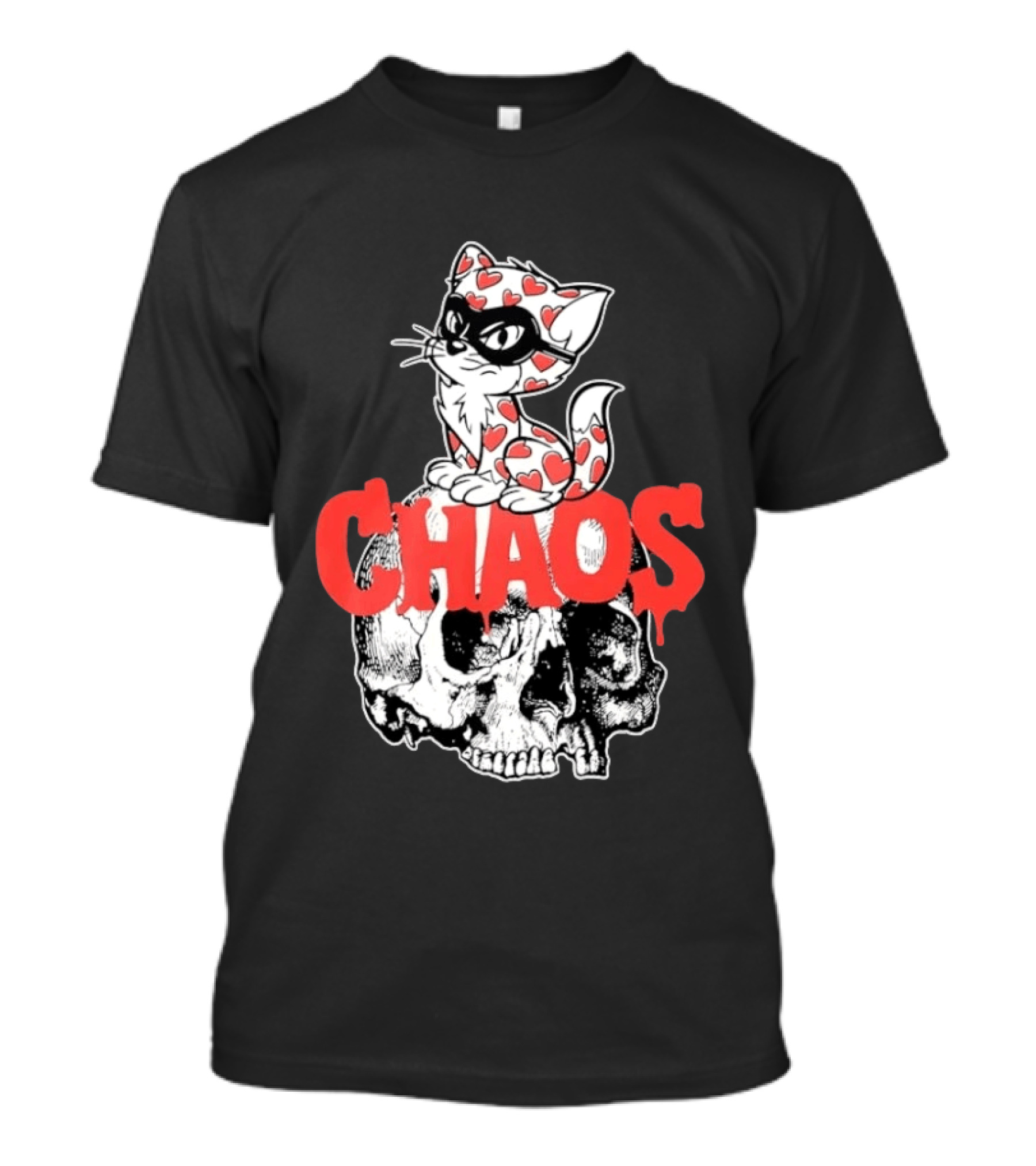 Chaos Cat Heart Pattern Masked Skull T-Shirt