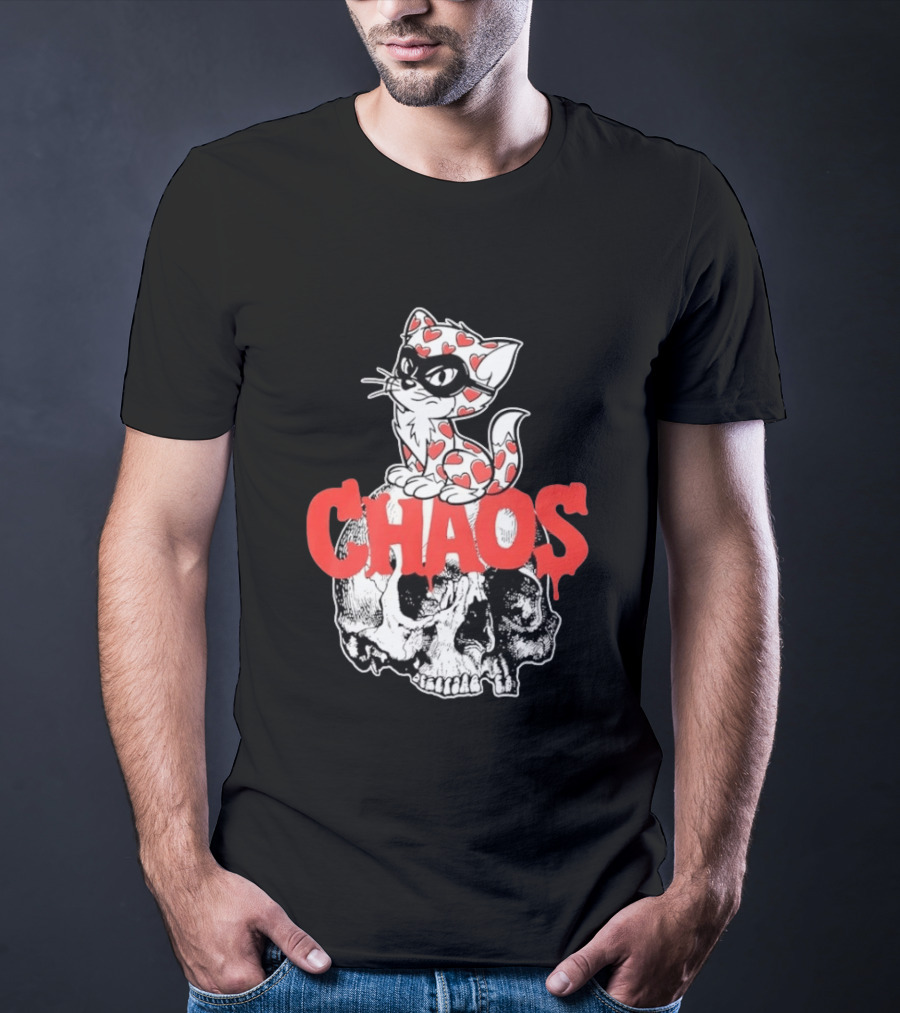 Chaos Cat Heart Pattern Masked Skull T-Shirt