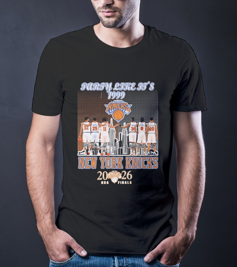 New York Knicks Party Like It's 1999 NBA Finals 2026 Karl Anthony Towns Mikal Bridges Jalen Brunson Patrick Ewing Latrell Sprewell T-Shirt