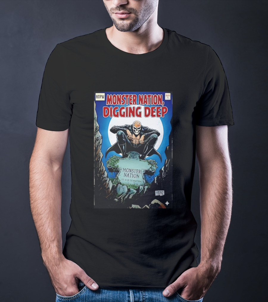 Monster Nation Digging Deep Comic Cover Tombstone Skeleton Superhero T-Shirt