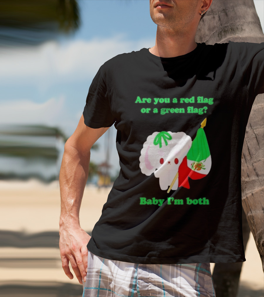 Nonomochi Mexico Flag Are You A Red Flag Or A Green Flag Cute Bunny Holding Mexican Flag T-Shirt