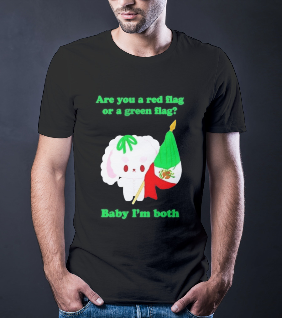 Nonomochi Mexico Flag Are You A Red Flag Or A Green Flag Cute Bunny Holding Mexican Flag T-Shirt