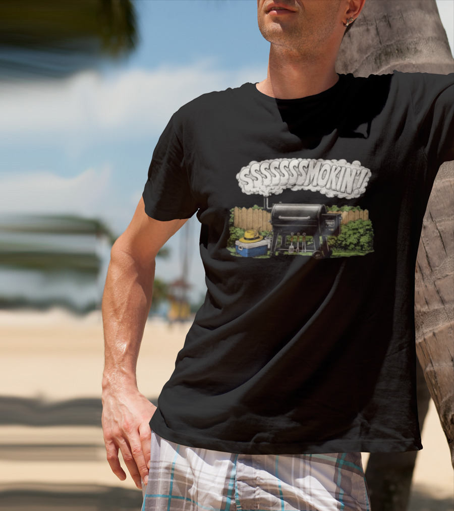 Ssssssmokin Pellet Grill Backyard Barbecue Scene T-Shirt