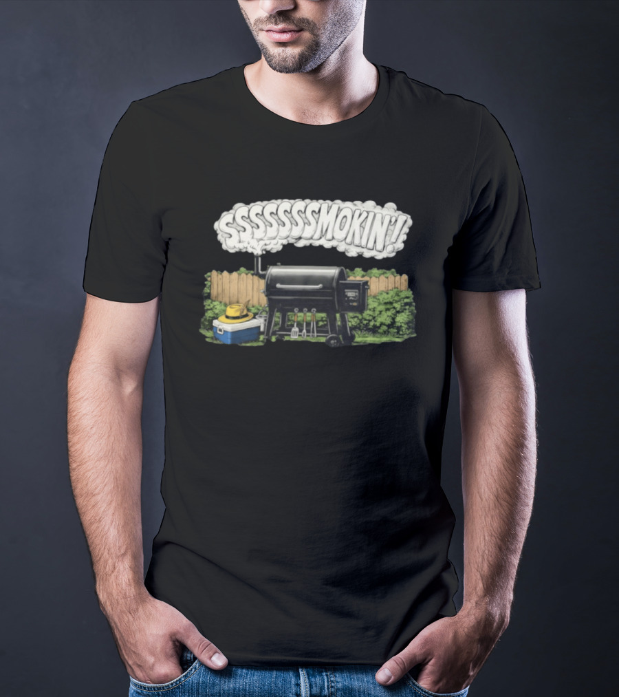 Ssssssmokin Pellet Grill Backyard Barbecue Scene T-Shirt