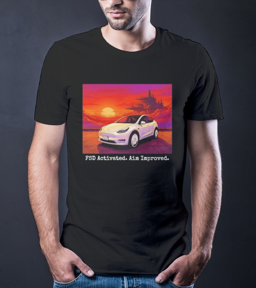 Tesla Model Y FSD Activated Aim Improved Sunset Futuristic City Scene T-Shirt