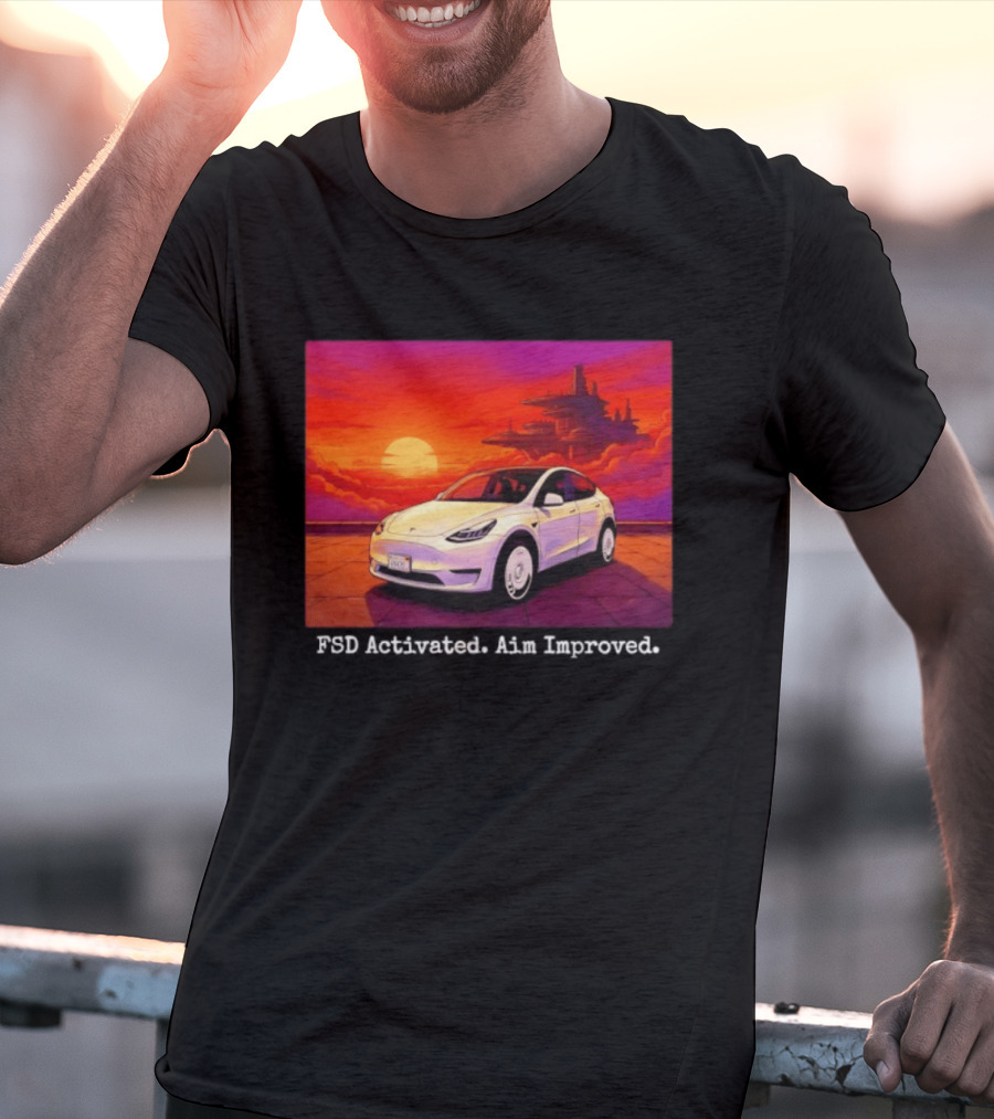 Tesla Model Y FSD Activated Aim Improved Sunset Futuristic City Scene T-Shirt