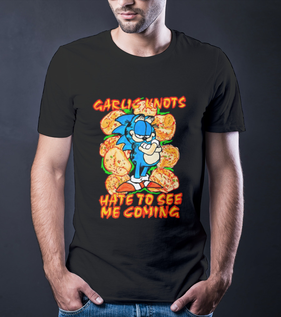 Garlic Knots Hate To See Me Coming Blue Character Surrounded By Cheesy Snacks T-Shirt