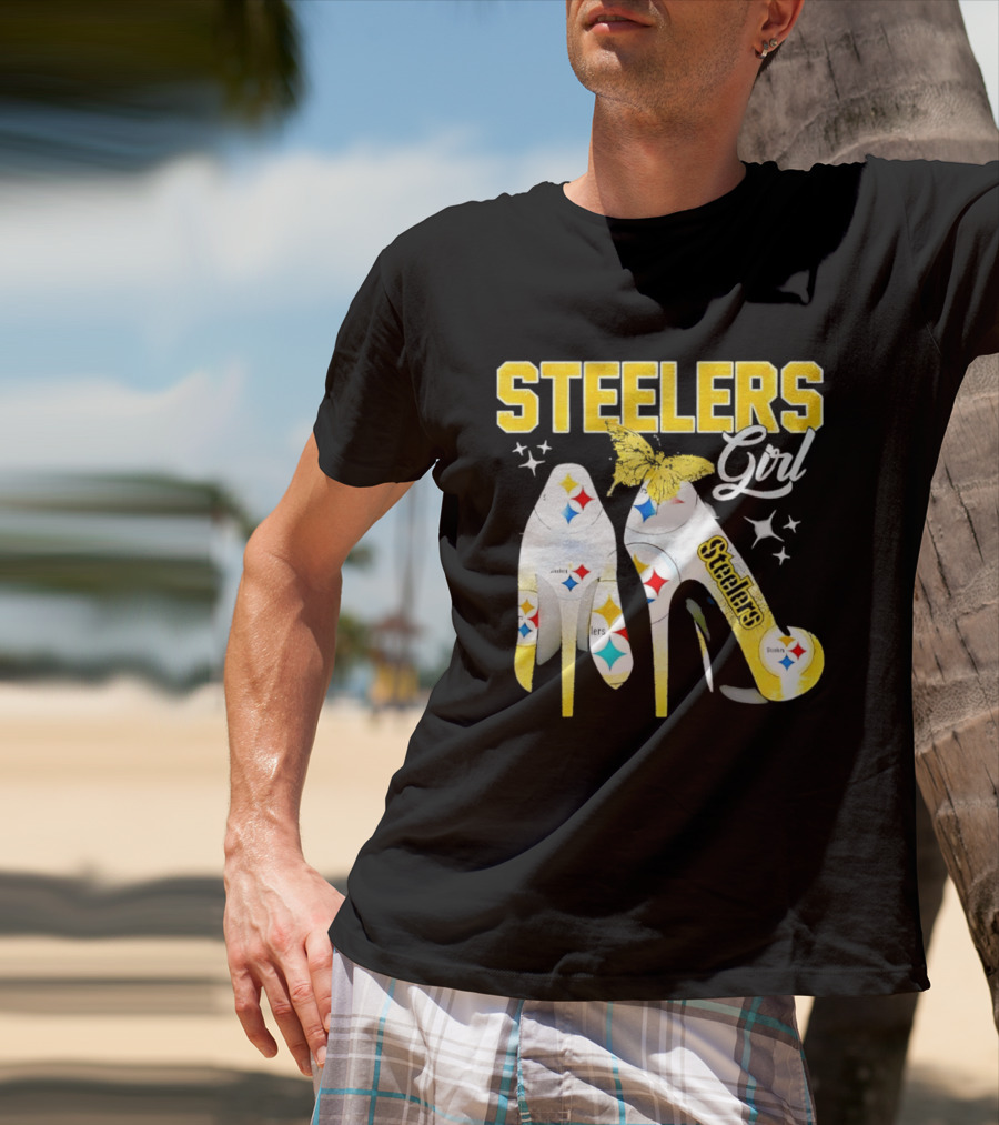 Steelers Girl High Heels With Butterfly And Stars T-Shirt