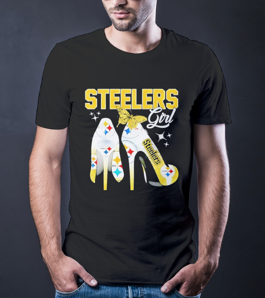 Steelers Girl High Heels With Butterfly And Stars T-Shirt
