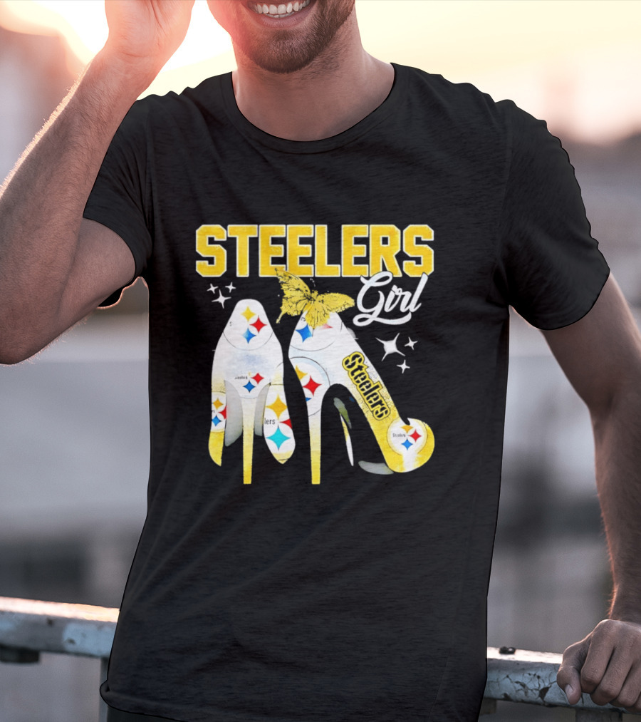 Steelers Girl High Heels With Butterfly And Stars T-Shirt