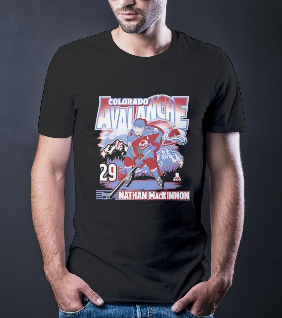 Colorado Avalanche Nathan MacKinnon 29 Hockey Mountain Scene T-Shirt