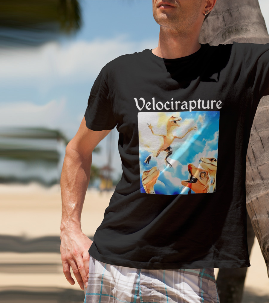 Velocirapture Dinosaur Raptor With Clouds And Blue Sky T-Shirt