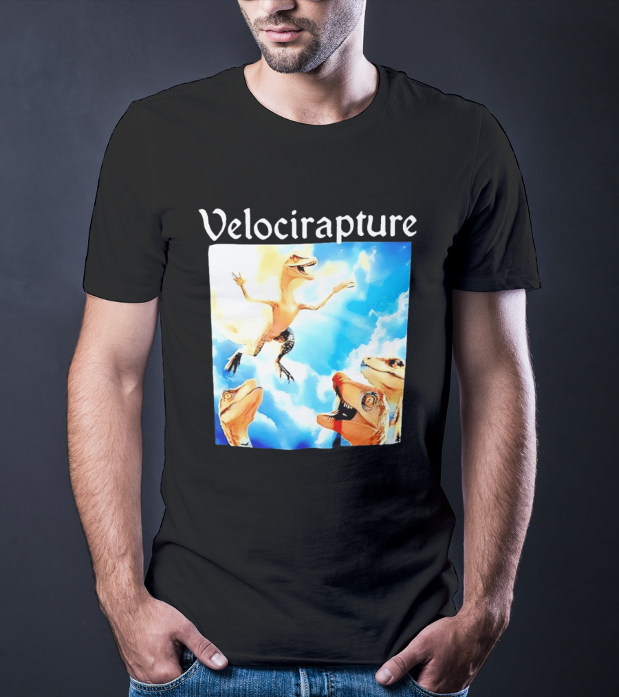Velocirapture Dinosaur Raptor With Clouds And Blue Sky T-Shirt