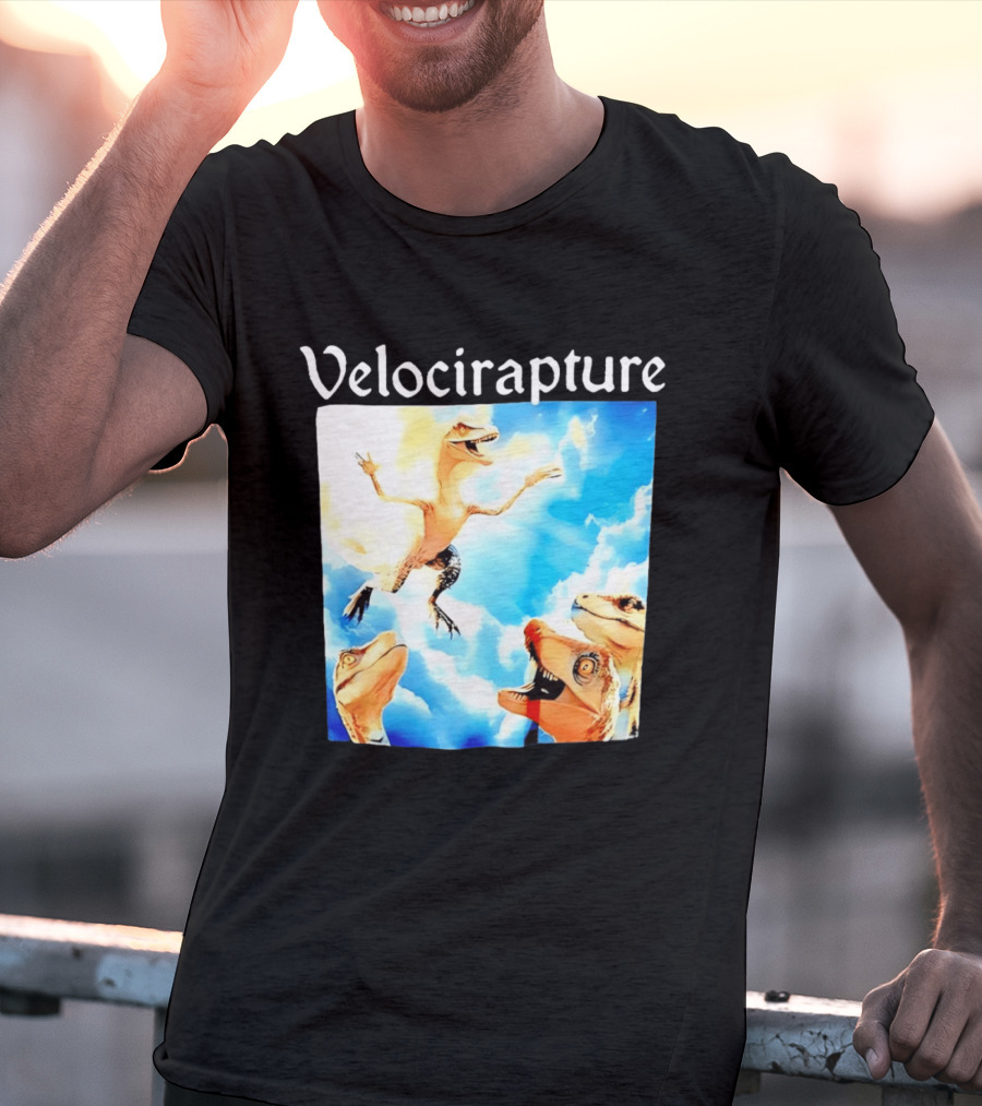 Velocirapture Dinosaur Raptor With Clouds And Blue Sky T-Shirt