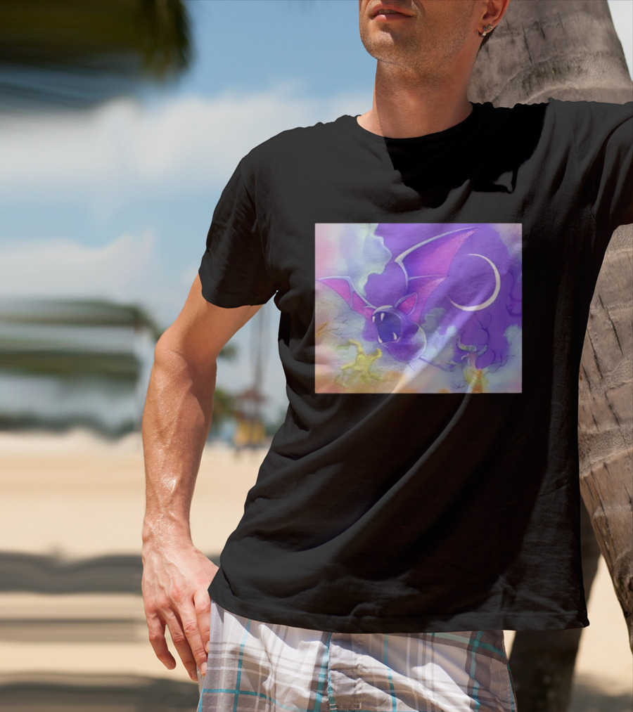 Spooky Bat With Pink Wings Flying Under Crescent Moon Halloween Night Scene T-Shirt
