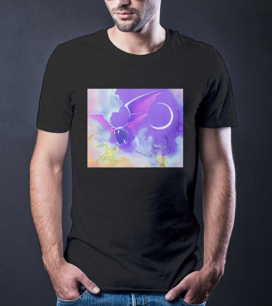 Spooky Bat With Pink Wings Flying Under Crescent Moon Halloween Night Scene T-Shirt