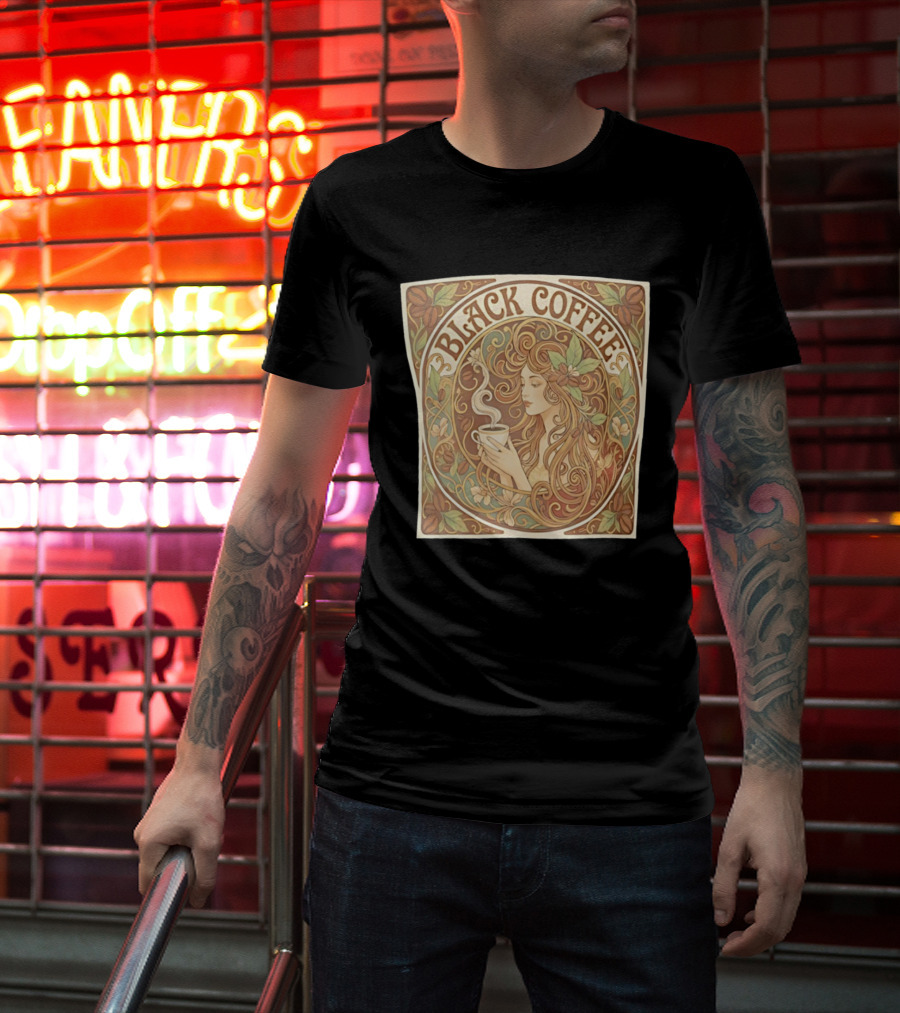 Black Coffee Nouveau Floral Steaming Art Deco T-Shirt