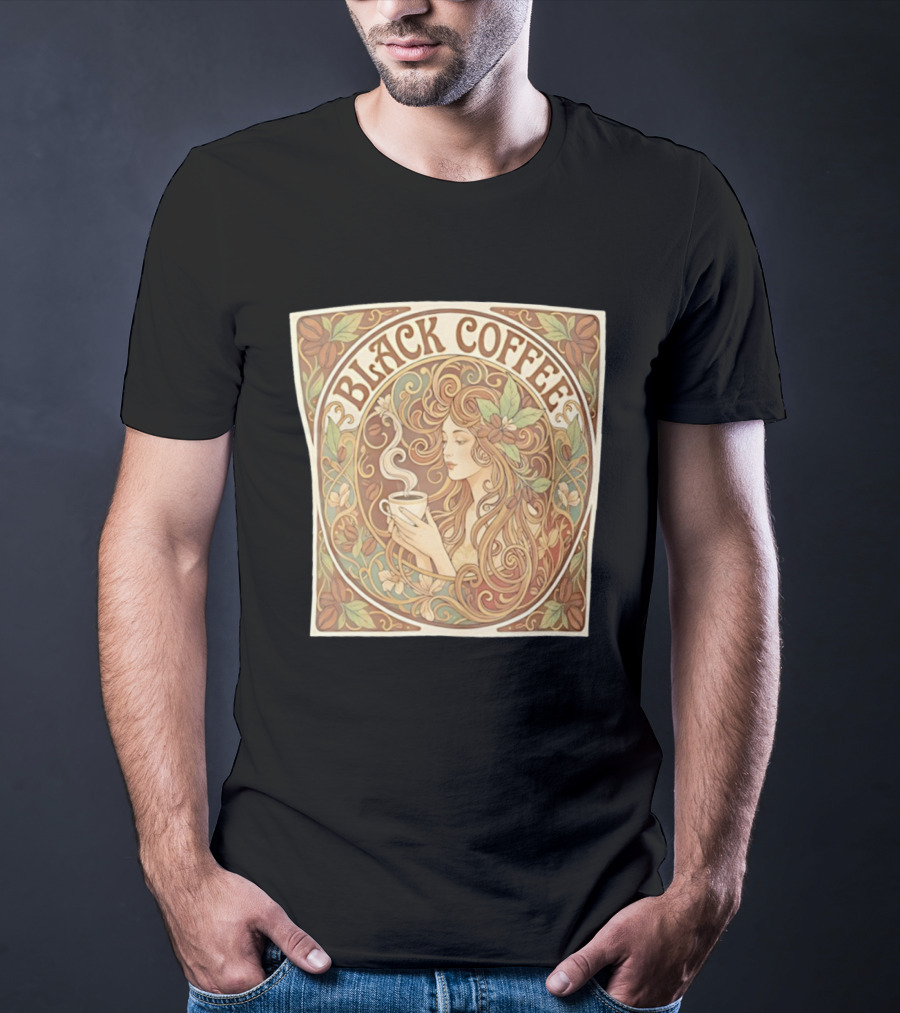 Black Coffee Nouveau Floral Steaming Art Deco T-Shirt
