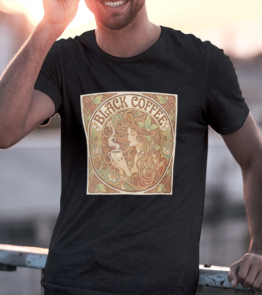 Black Coffee Nouveau Floral Steaming Art Deco T-Shirt