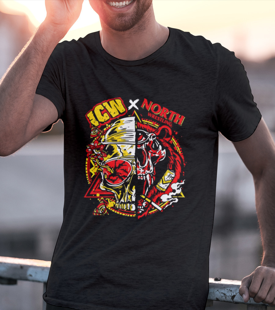 ICW X North Wrestling Split Skull Bear Head Concert Band T-Shirt