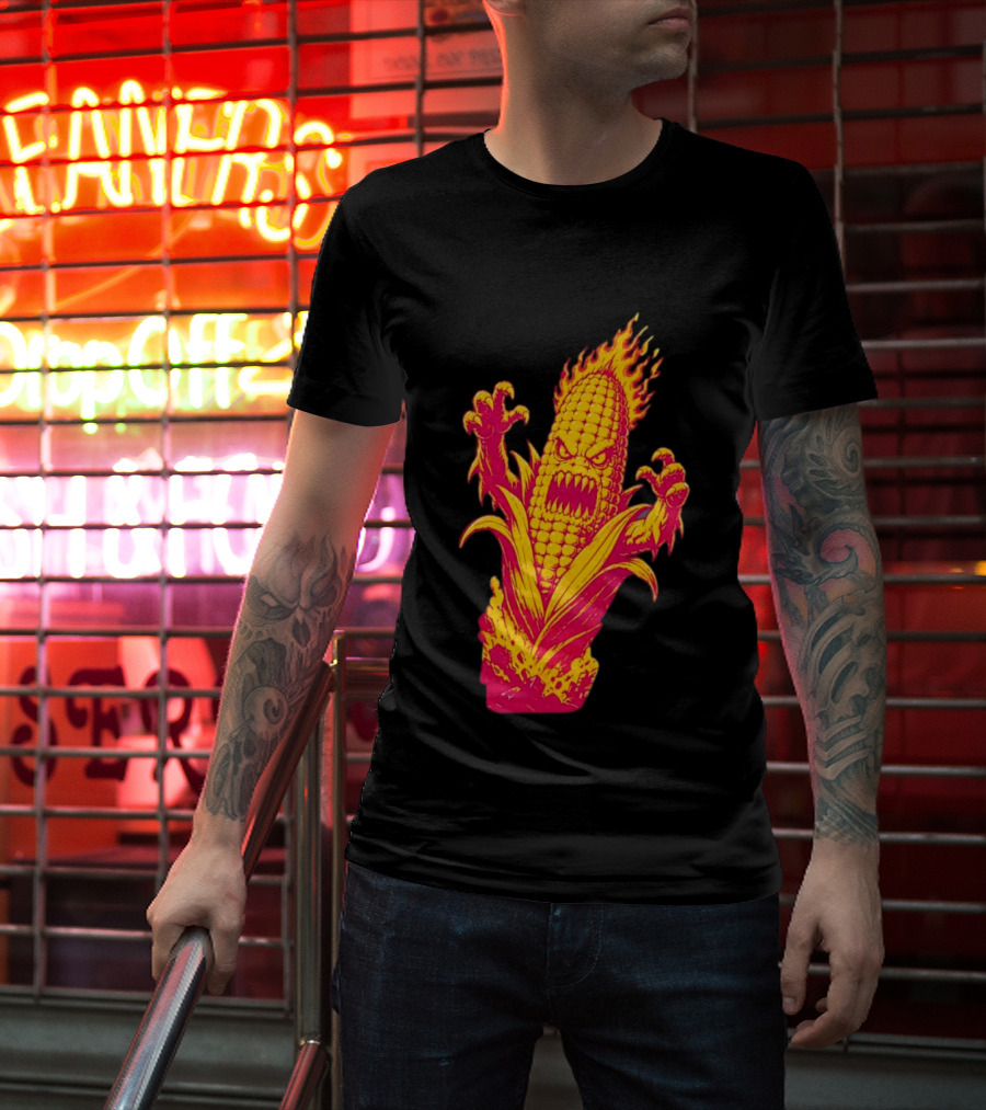 Fiery Mutant Corn Monster Kernels Of Terror Halloween Evil Cob T-Shirt