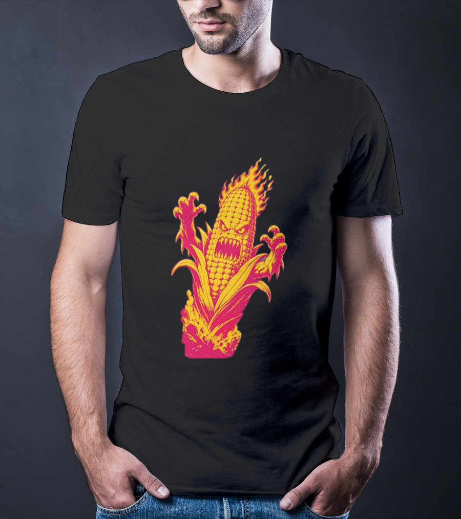 Fiery Mutant Corn Monster Kernels Of Terror Halloween Evil Cob T-Shirt