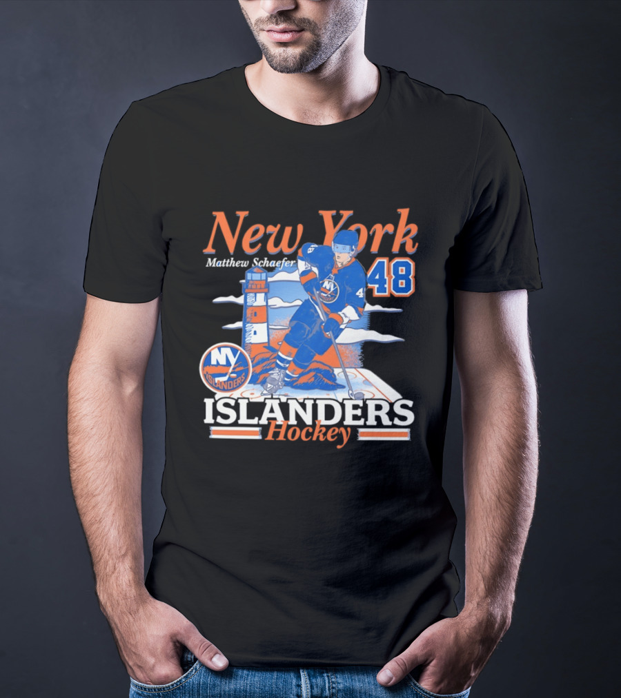 New York Islanders Hockey Matthew Schaefer 48 Player Lighthouse T-Shirt