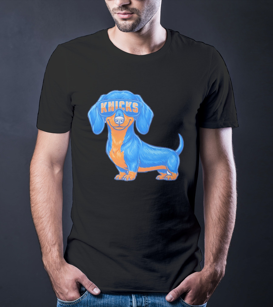 Knicks Dachshund Dog Cartoon Glasses T-Shirt