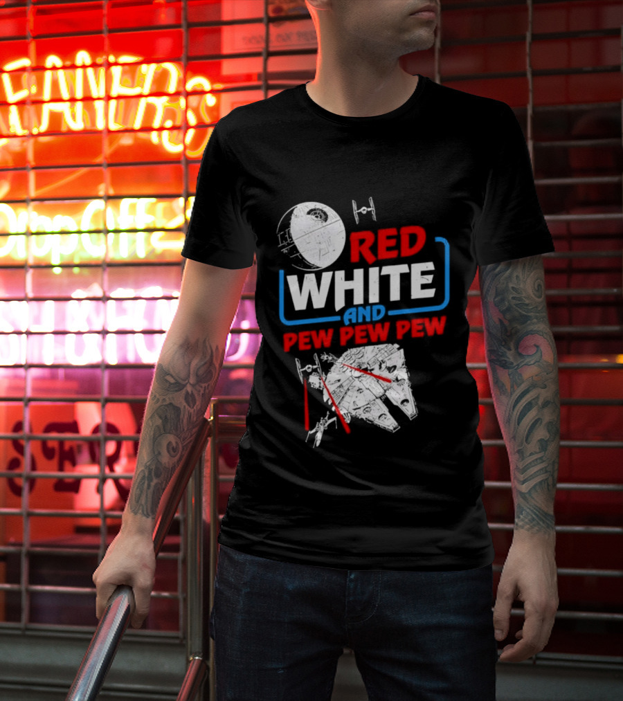 Star Wars Millennium Falcon Red White And Pew Pew Pew Death Star Tie Fighter T-Shirt