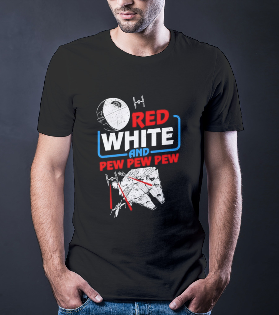 Star Wars Millennium Falcon Red White And Pew Pew Pew Death Star Tie Fighter T-Shirt