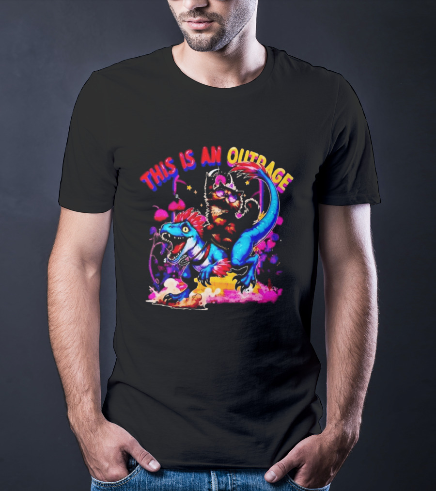 This Is An Outrage Cat Riding Blue Raptor Dinosaur Jurassic T-Shirt
