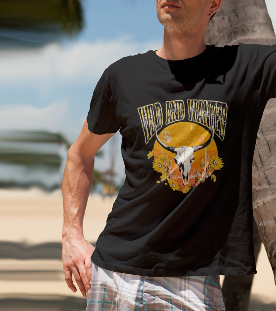 Wild And Wanted Bull Skull Sun Moon Desert Cactus Flowers Western Boho T-Shirt