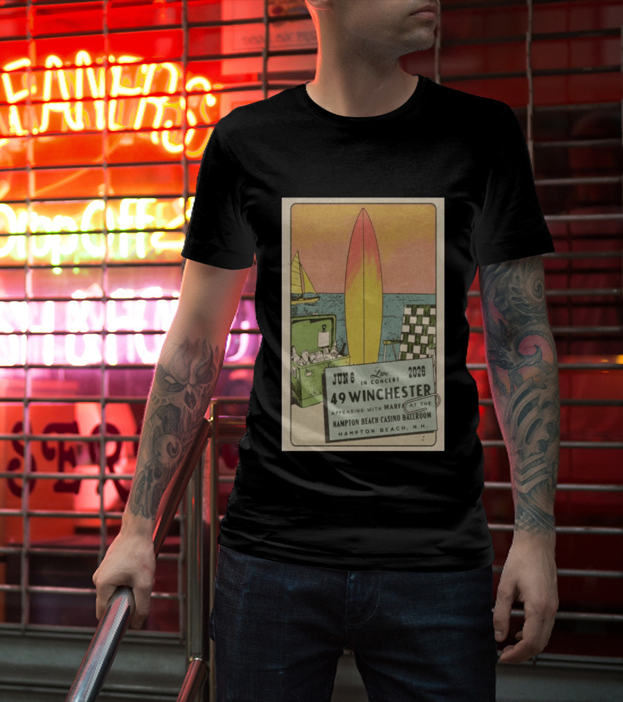 49 Winchester Live In Concert June 06 2026 Hampton Beach Casino Ballroom NH Appearing With Marfa Surfboard Ice Cooler Beach Scene T-Shirt