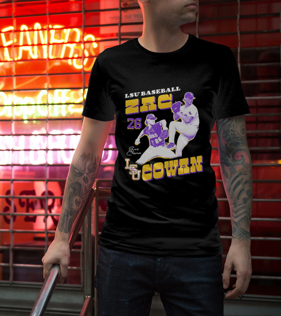 LSU Baseball Zac Cowan 26 Pitching Action Pose T-Shirt