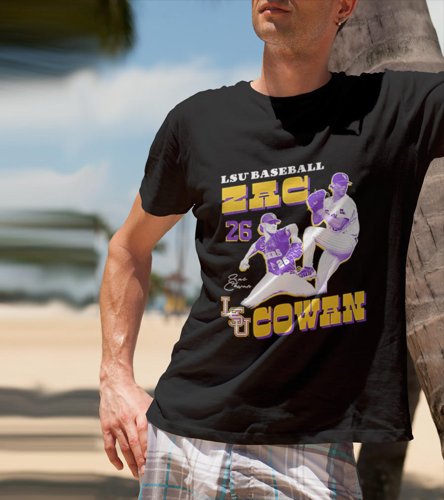 LSU Baseball Zac Cowan 26 Pitching Action Pose T-Shirt
