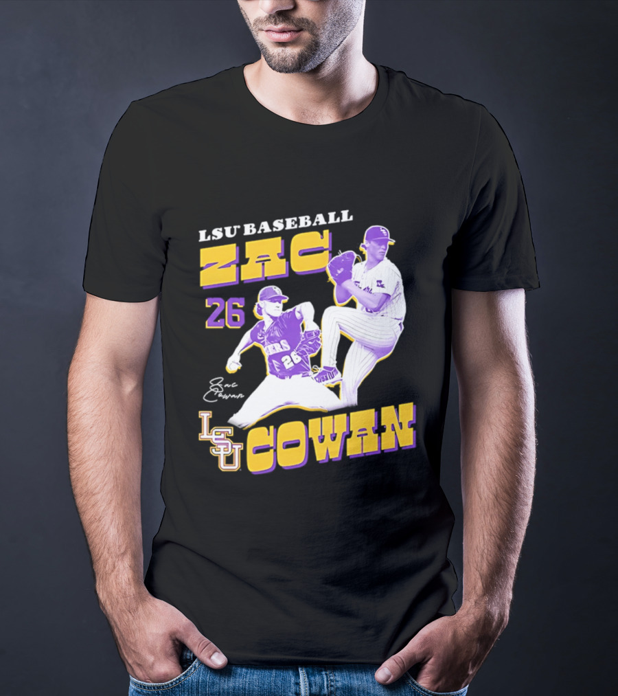 LSU Baseball Zac Cowan 26 Pitching Action Pose T-Shirt