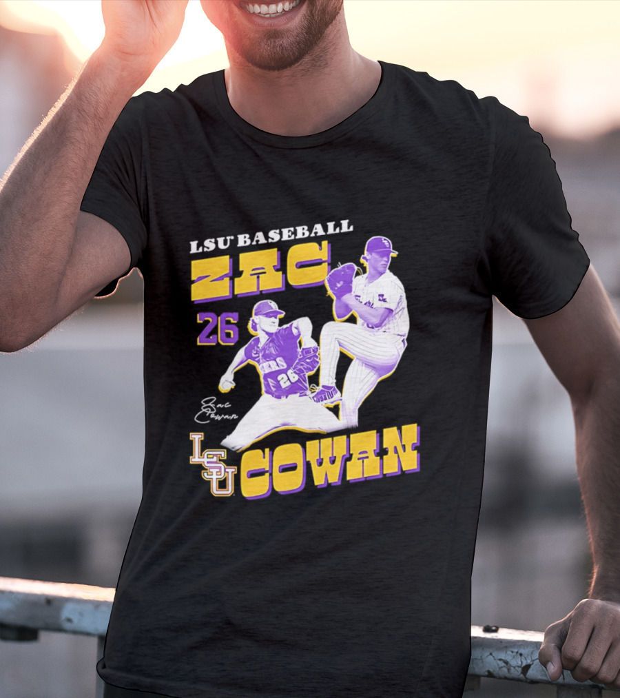 LSU Baseball Zac Cowan 26 Pitching Action Pose T-Shirt
