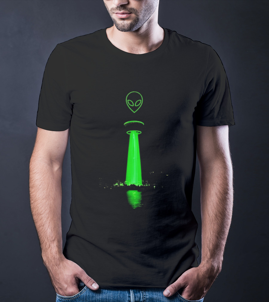 Victor Wamby Alien Spaceship Calgary Tower Abduction UFO Green Glow T-Shirt