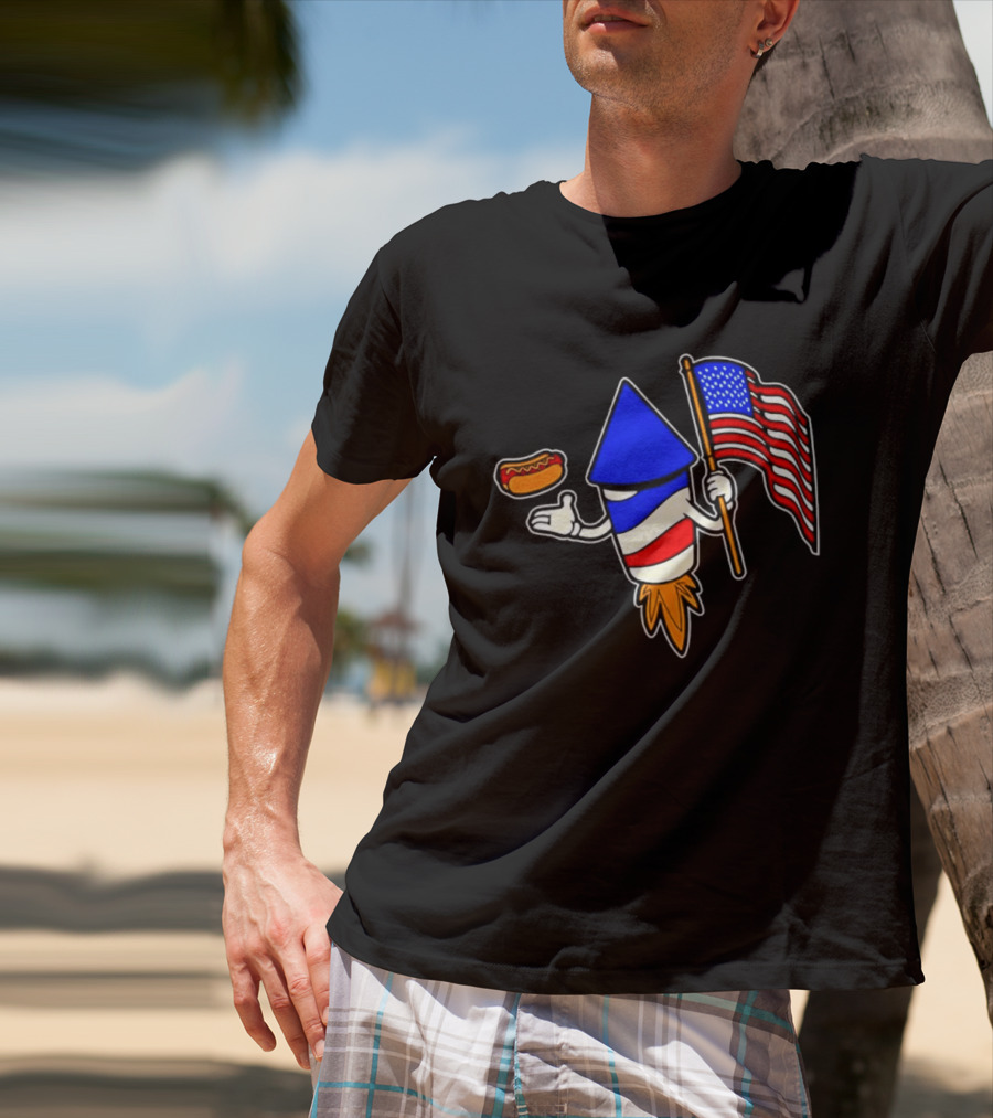 Fireworks Rocket American Flag And Hot Dog Celebration T-Shirt