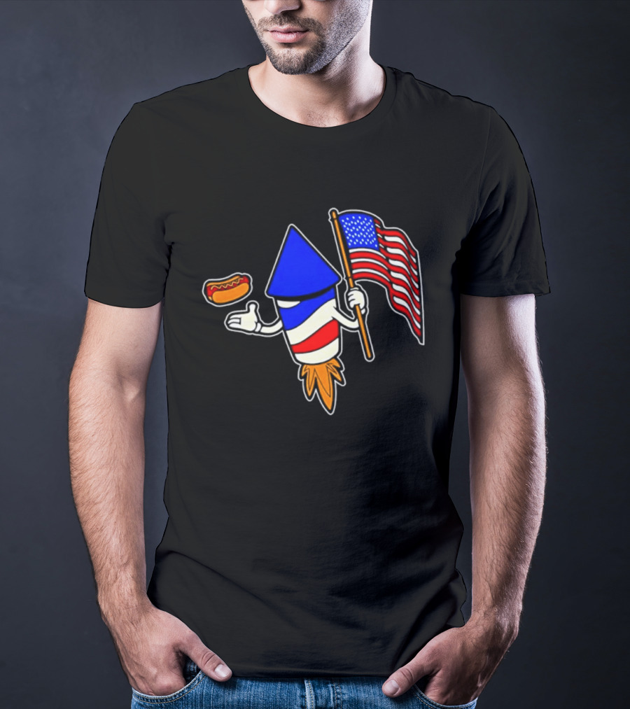 Fireworks Rocket American Flag And Hot Dog Celebration T-Shirt
